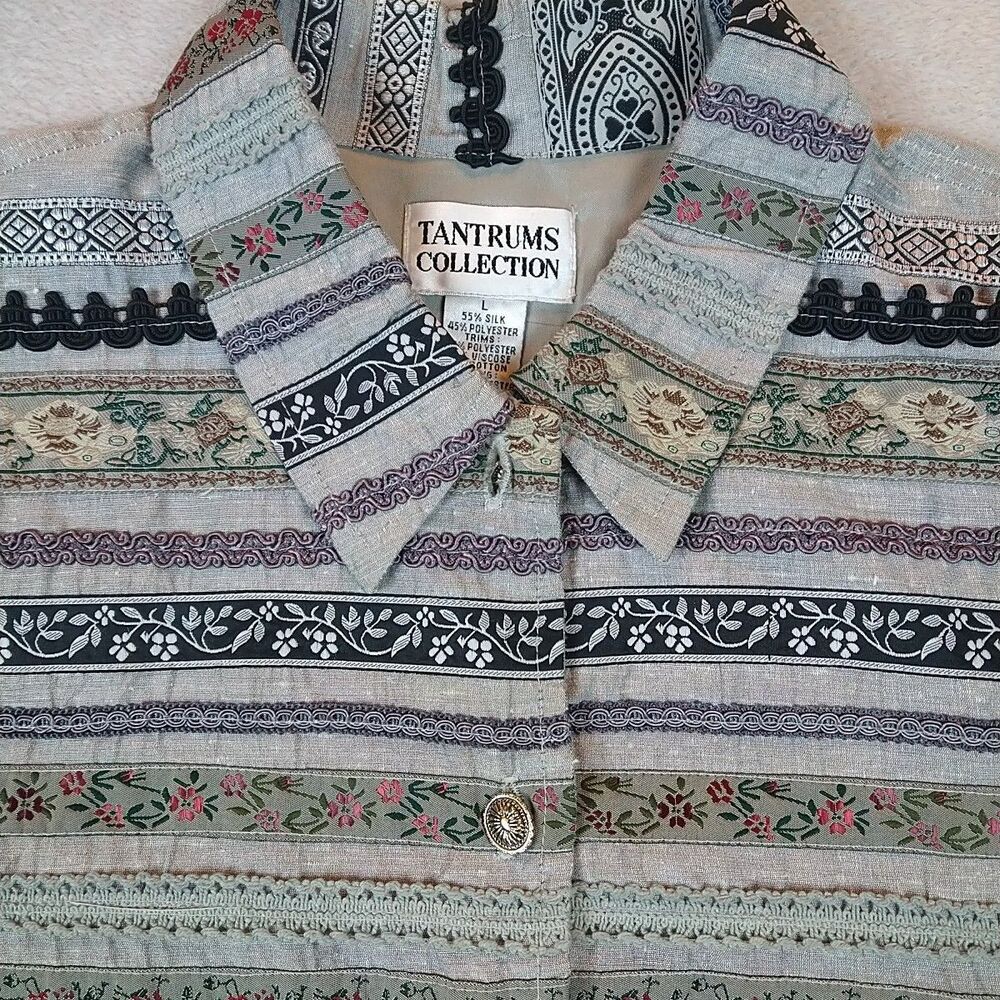 Tantrums Collection Jacket Women's Large Silk Blend Gray Striped Artsy Trim